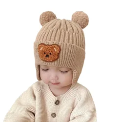 Sombrero cálido de doble bola para bebé, gorro de lana de punto, protección para los oídos, lindo oso, niño pequeño, otoño e invierno, nuevo