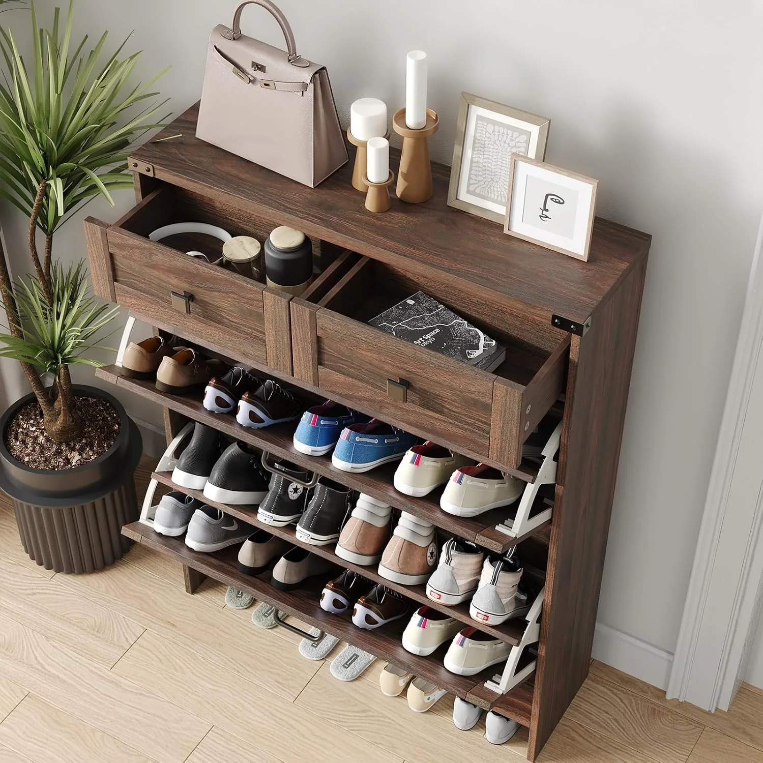 Slim Freestanding Narrow Farmhouse Entryway Shoe Storage Cabinet 2 Flip Drawers & 2 Drawers, Custom