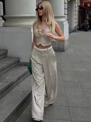 HH Woman Summer Set Sexy Halter Backless Crop Tops Casual Single Breasted Slim Vest Office Lady Patchwork High Waist Pants