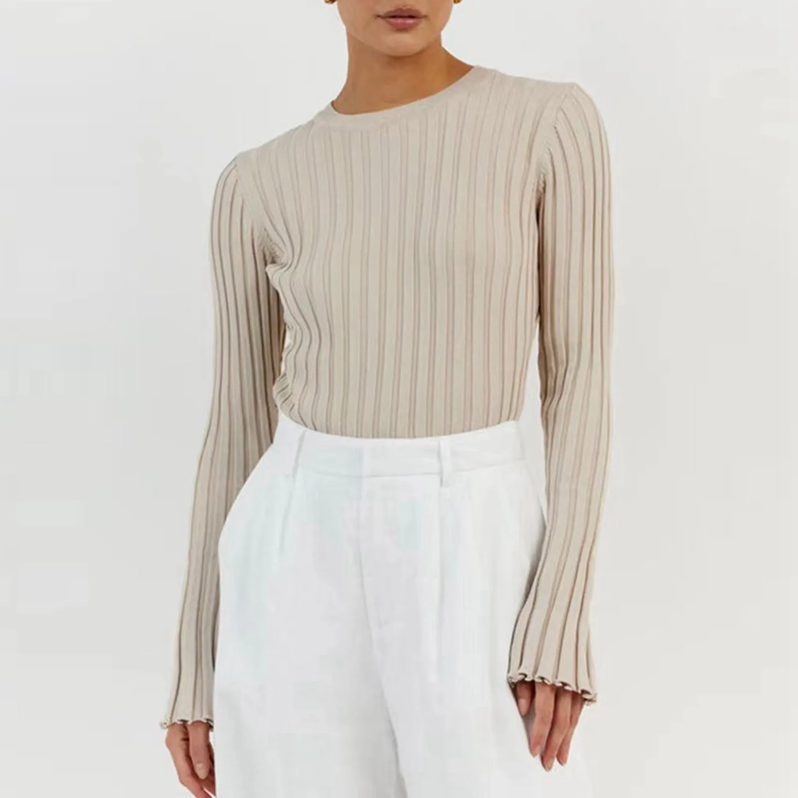 Knitted Long Sleeve Ribbed Crew Neck Top for Women Solid Color Tight Fit Womens Fitted Pullover Sweater Woman Casual Sweaters