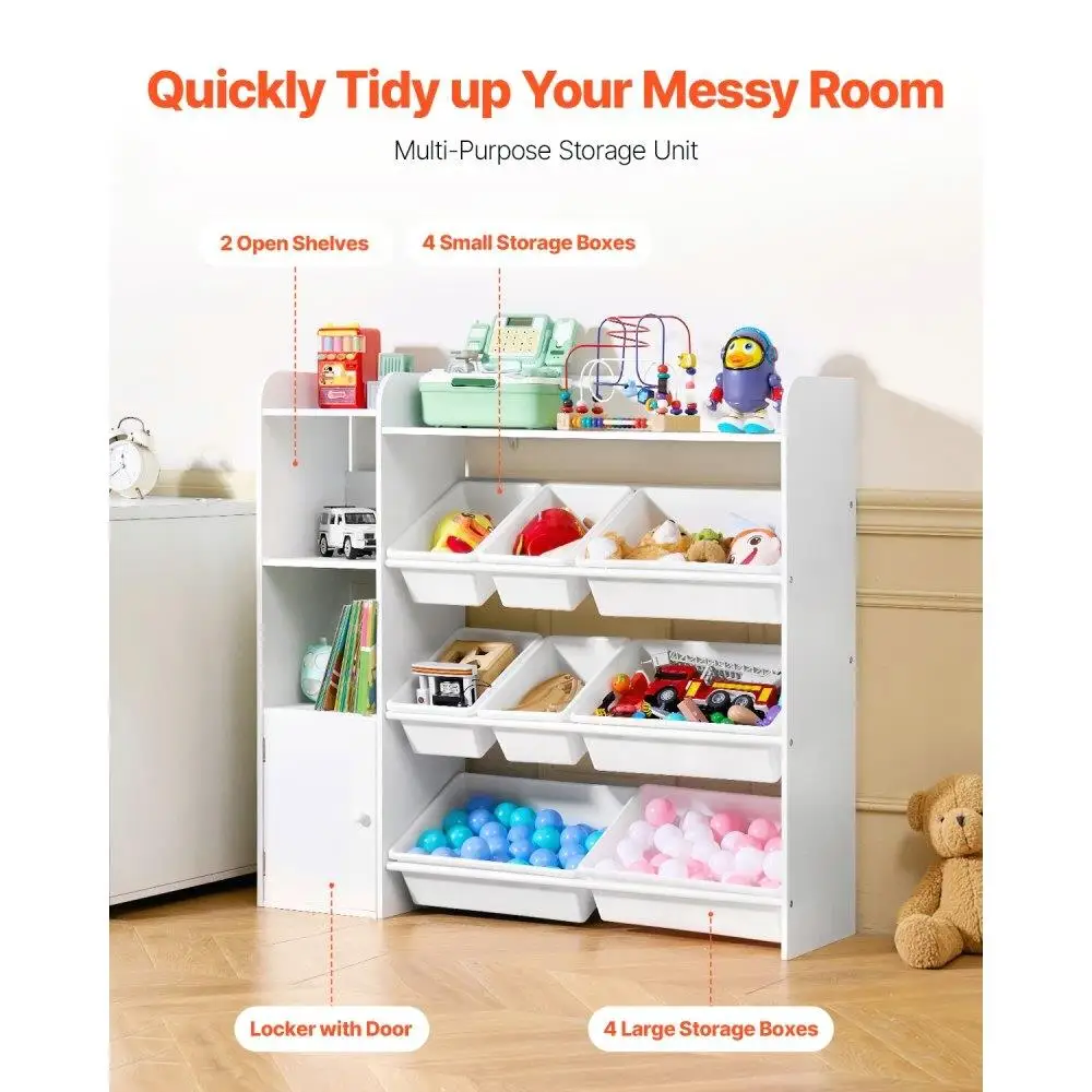 Kids Toy Storage Organizer with 4 Tier Bookshelf and 8 Plastic Bins for Playroom Bedroom Nursery Classroom White