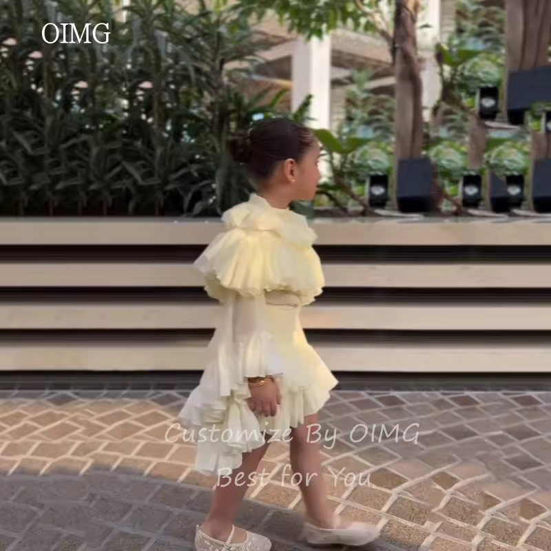 OIMG Light Yellow A Line Flower Girl Dresses High Neck Pleated Wedding Party Dress Knee Length Birthday Dress Customized - Image 5