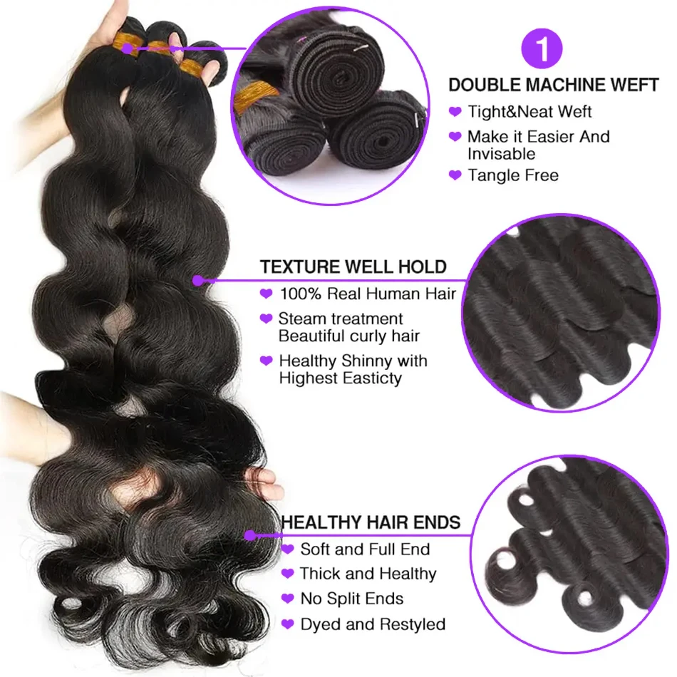 13x4 Hd Lace Closure With Bundles Human Hair Body Wave Brazilian 3 Weave Extensions And Transparent Lace Closure for Women