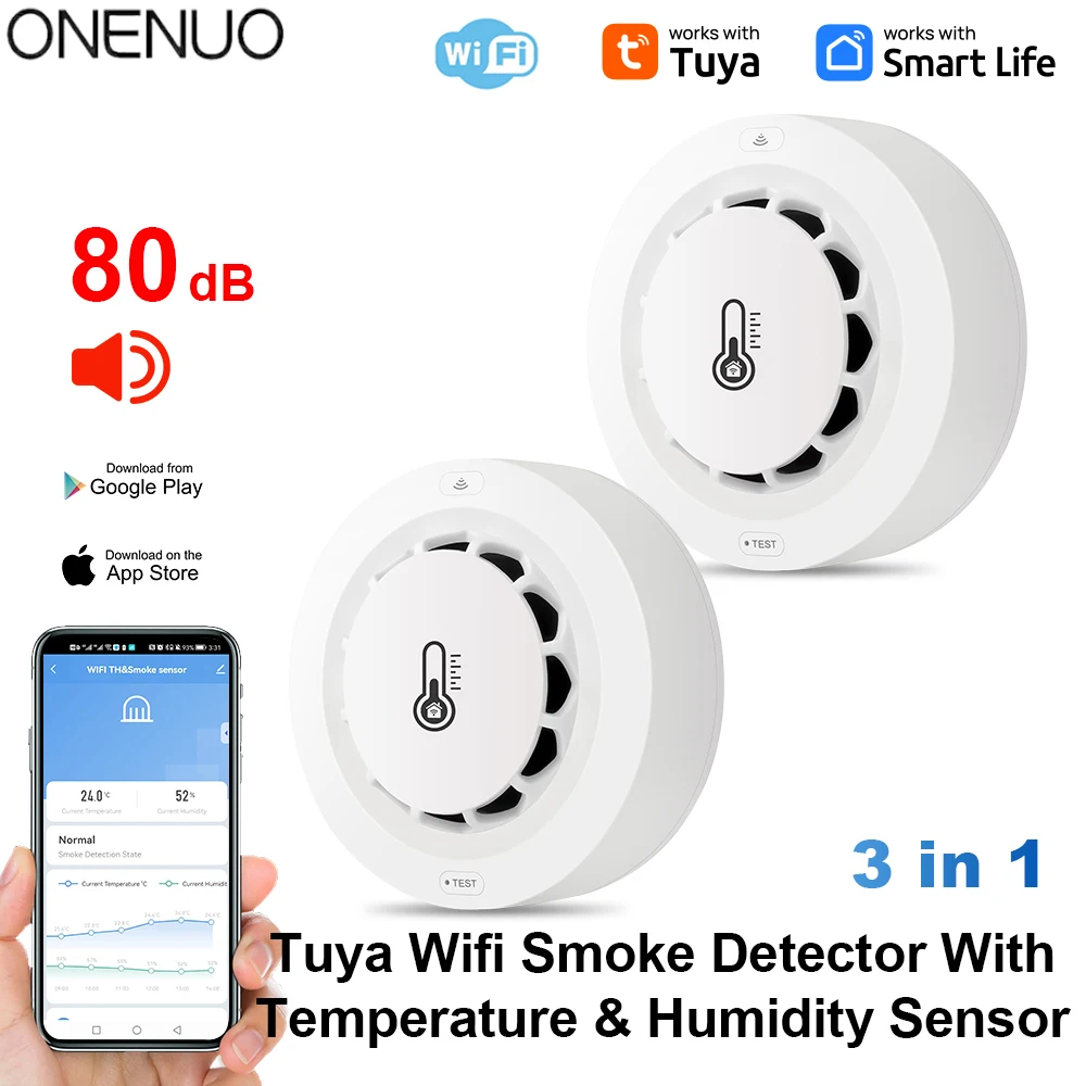 Tuya Wifi BT اثنين اتصال كاشف الدخان جهاز قياس درجة الحرارة والرطوبة 80dB إنذار الصوت وظيفة تنبيه الدفع عن بعد