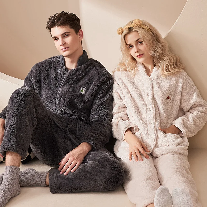 

Women Men Pajamas Set Coral Velvet Warm Autumn Winter Sleepwear Flannel Thick Soft Outdoor Homewear Sets for Couple Winter