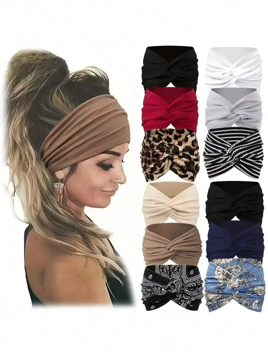 

3/12pcs Bohemian Twist Headbands Set - Elastic Non-Slip Hair Bands for Women, Animal Print & Striped, Sports Yoga Casual
