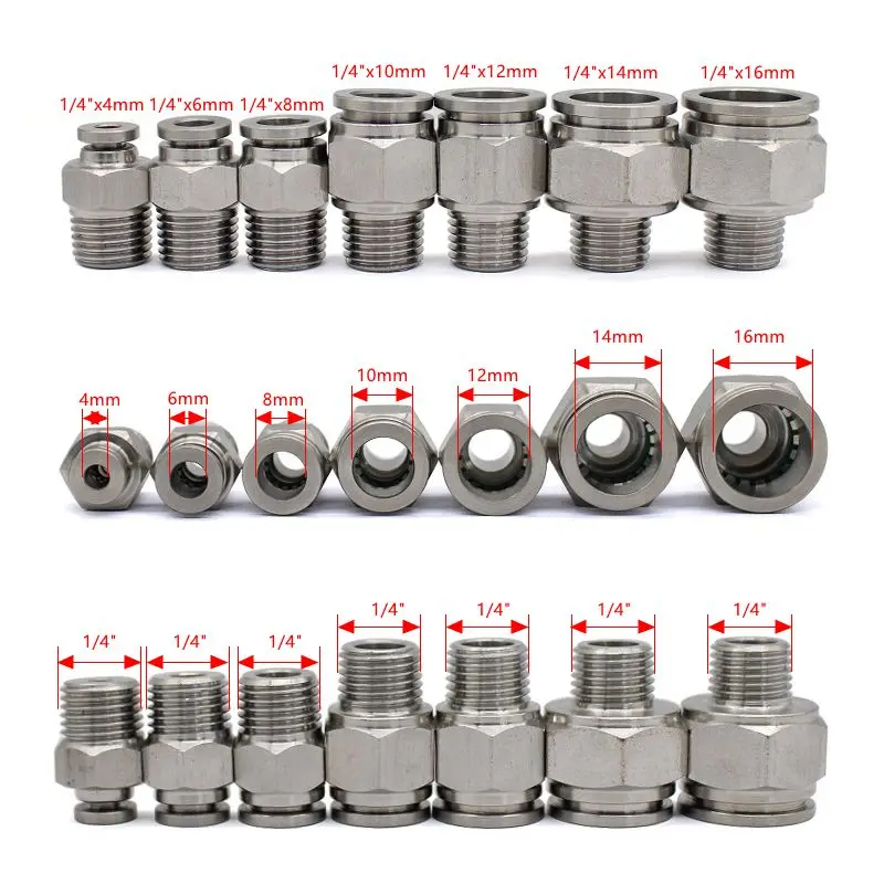 304 Stainless Steel External Thread Pneumatic Quick Coupling PC 1/8" 1/4" 3/8" 1/2" BSP External Thread Trachea Hose Connector