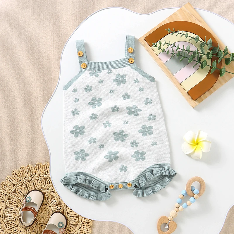 

Baby Bodysuit Cotton Knit Infant Girls Newborn Jumpsuit Fashion Ruffles Cute Floral Child Clothes Overalls Sleeveless 0-18M Tops