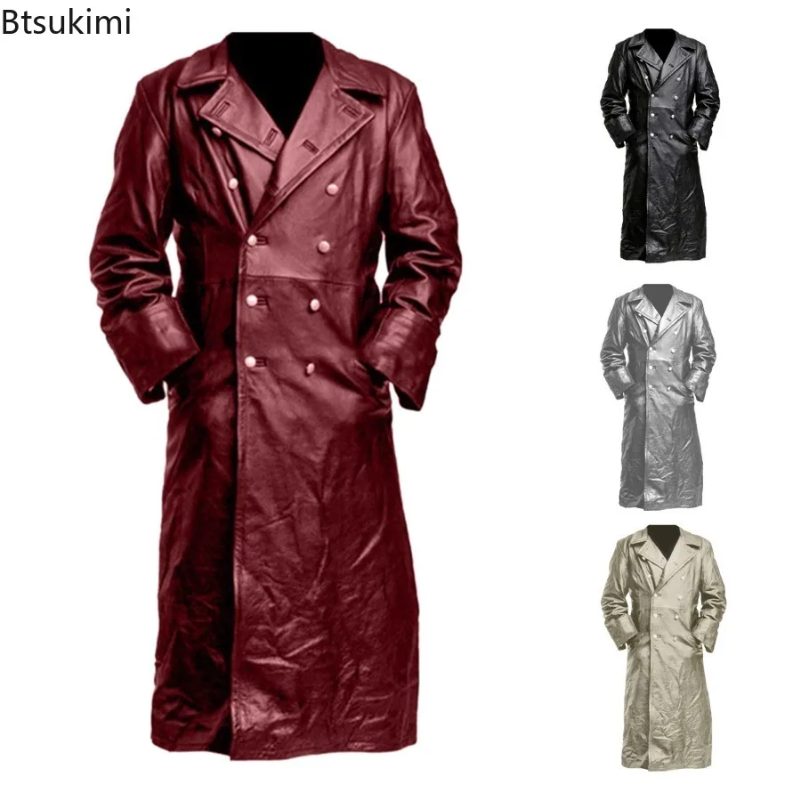 2024 New Arrival Men's Vintage Medieval Faux Leather Trench Coats Autumn Winter Fashion High Quality Jacket Cosplay Costume Male