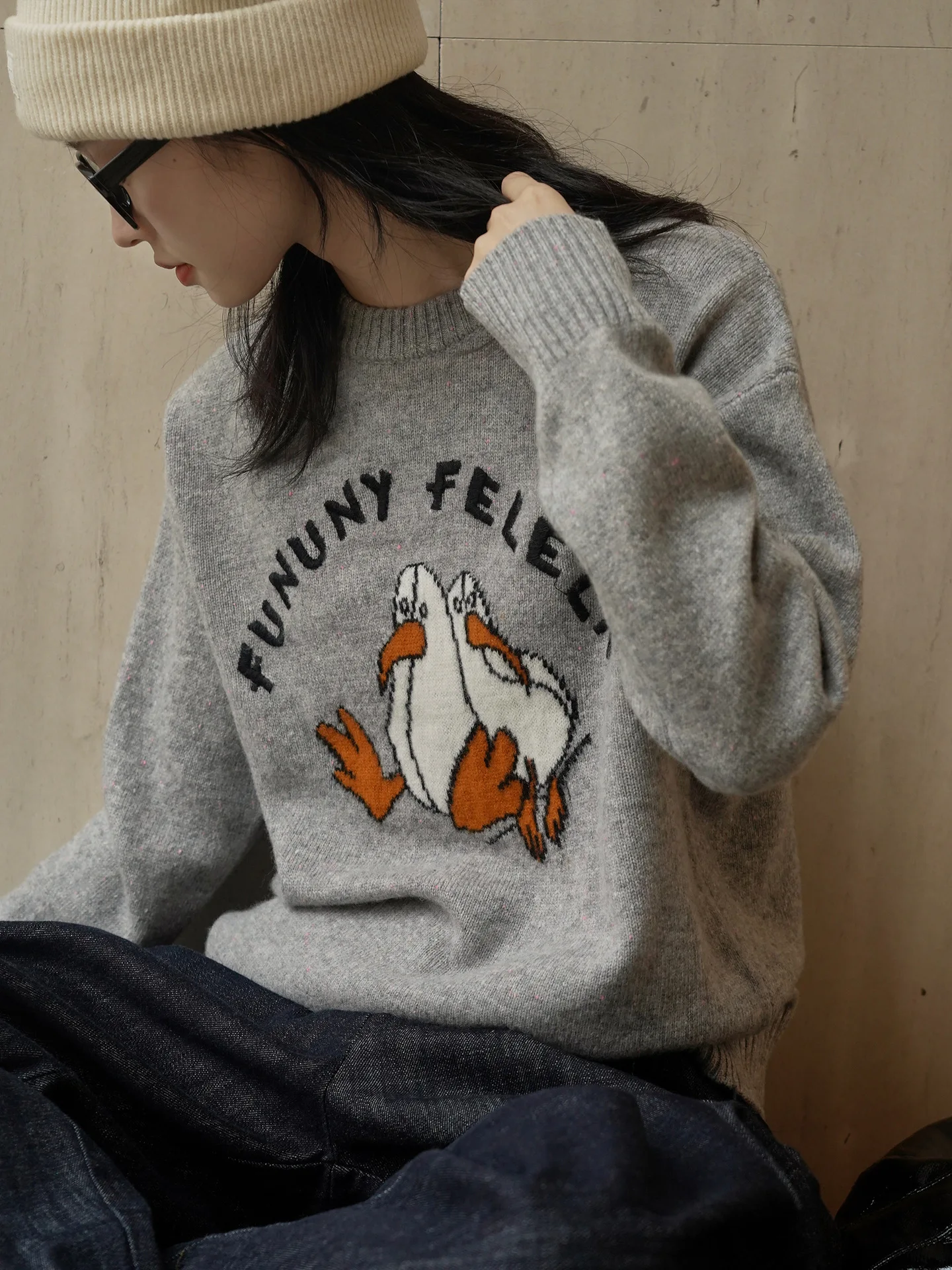 

ENjoyce Winter Women Vintage Cartoon Pattern Wool Round Neck Sweaters Knitted Pullovers Korean Fashion Knitwear