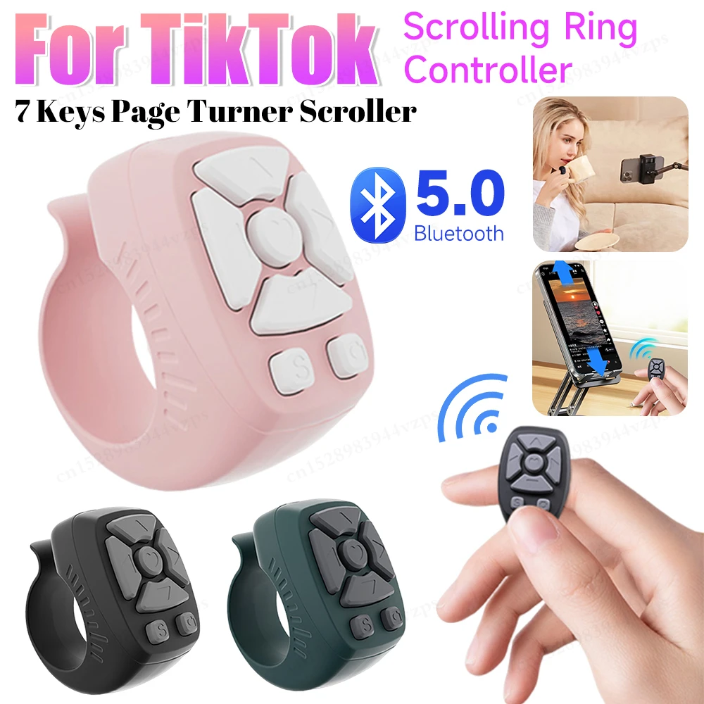 7 Keys Scrolling Ring Finger Shutter Fingertip Wireless Remote Control for TikTok Bluetooth Page Turner Scroller for Android iOS