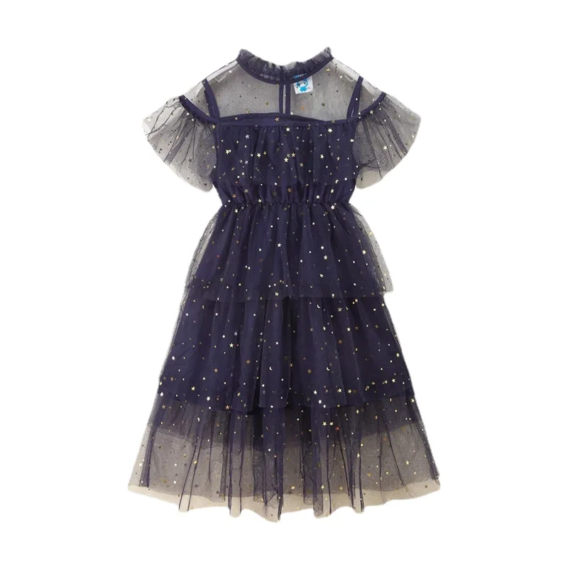 Temperament Girls Tulle Cake Dress Star Moon Sequins Gauze Princess Dress Dark Blue Fairy Birthday Party Dresses