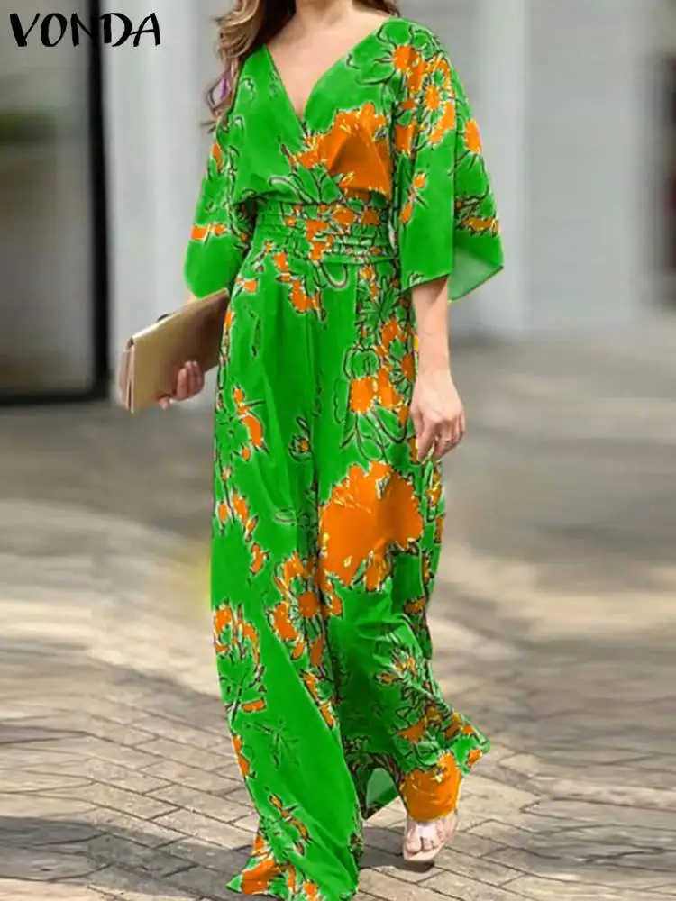 

Women Long Rompers 2024 VONDA Summer Jumpsuits Sexy V-Neck Half Flare Sleeve Bohemian Printed Casual Loose High Waist Playsuits