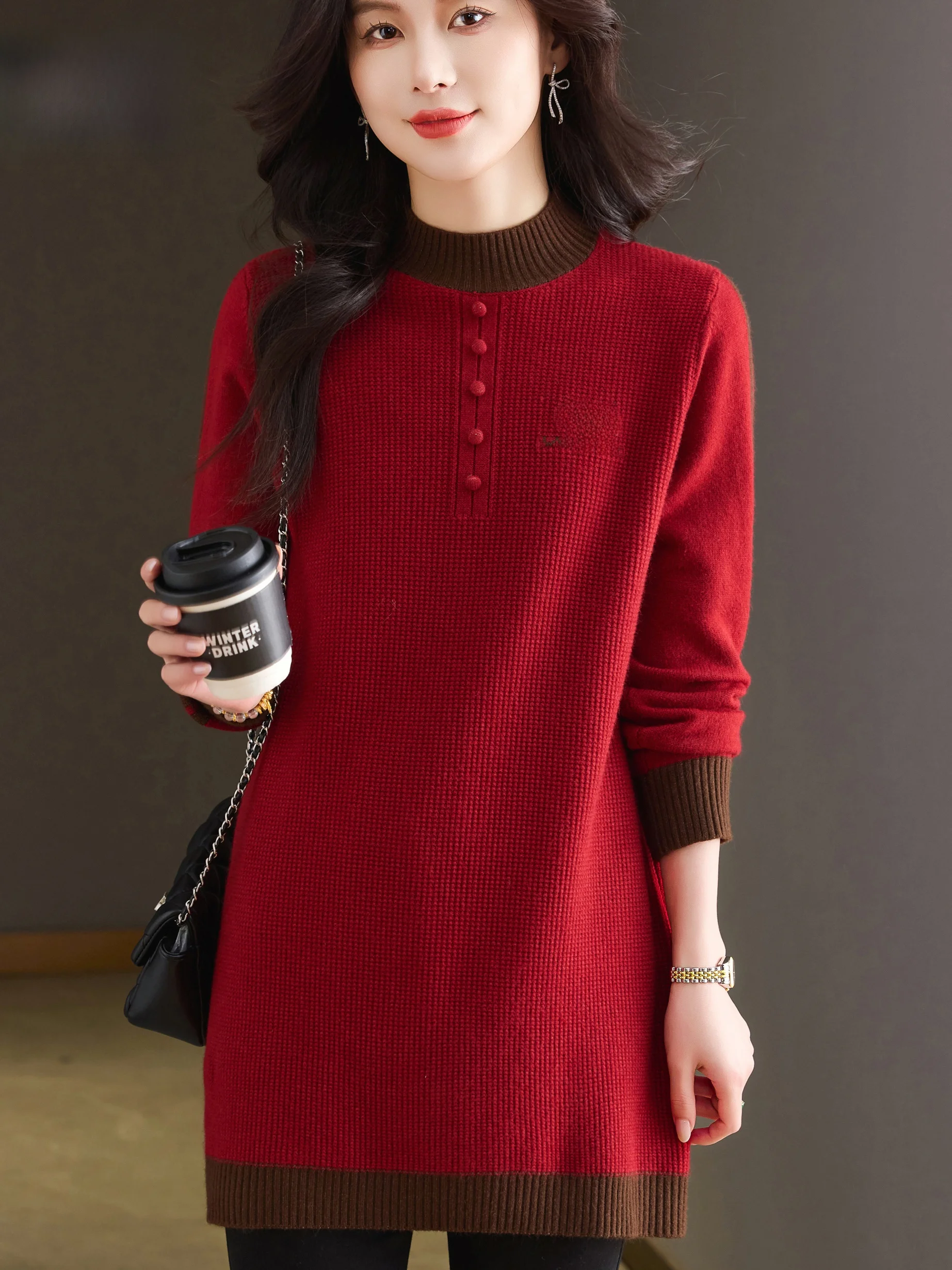 

Осень-зима f Высокий вязаный свитер женский средней длины Base irt для среднего возраста и ly Faionable Sweater Dr...