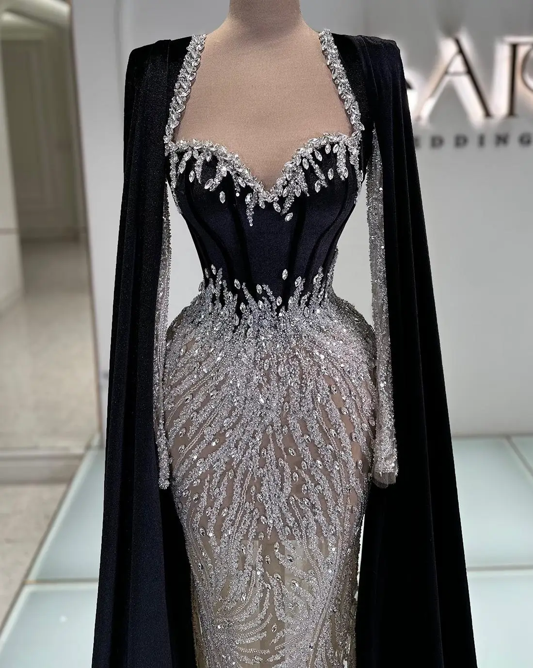 فساتين سهرة عصرية ترتر كريستال فستان حفلة موسيقية مع كيب بأكمام طويلة مخصص حورية البحر رداء حفلات Vestidos De Noche #3