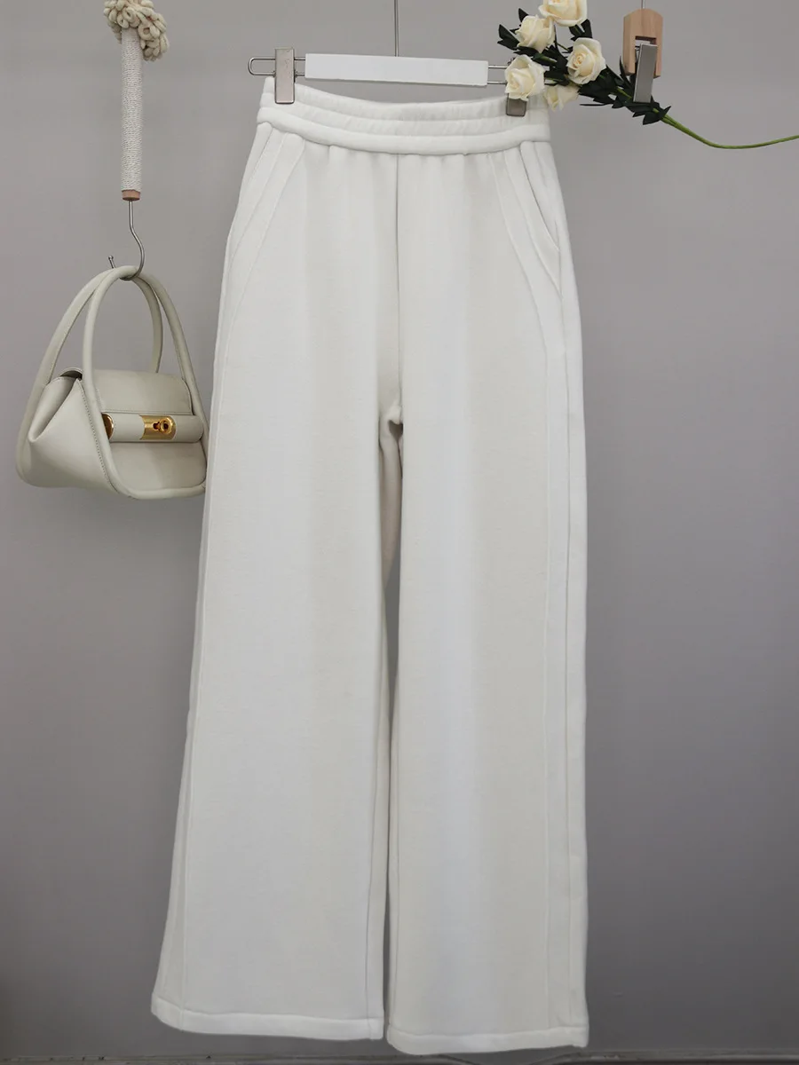 

Acetate Wool Fce Lined Straight Leg Casual Pants Women's High Waist Elastic Waist Pure Color Slimming Invisible Pants
