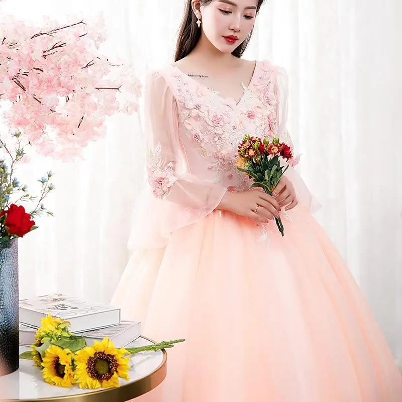 V-neck Quinceanera Dresses Sweet Lace Applique Puffy Prom Dress With Trumpet Sleeve Classic Elegant Long Sukienka Balowa