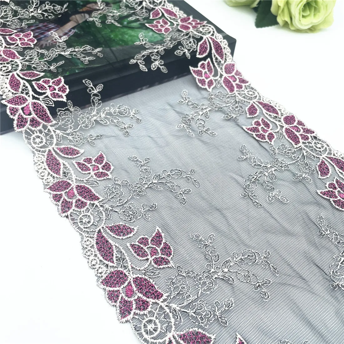 3M/lot 9 1/2inch 24cm Shiny Purple Floral Black Embroidery Lace Skirt Hem Sewing Craft DIY Apparel Fabric Lace Garment Accessory