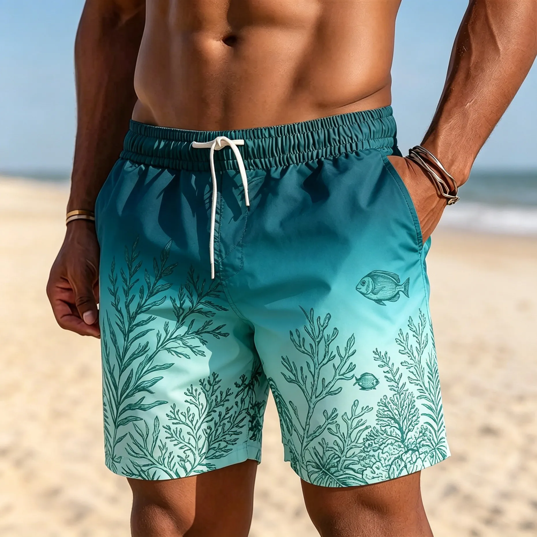 Men's Drawstring Waist Purple Gradient Floral Butterfly Print Casual Shorts, Beachwear Bottoms For Summer Daily Outdoor Wear