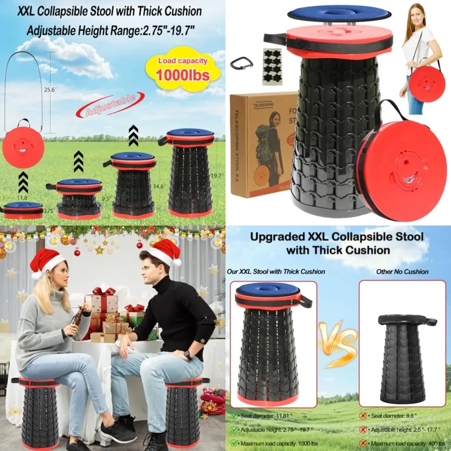 

2026 Upgraded XXL 19.7" Collapsible Stool with Cushion, 1000lbs Max Weight Heavy Duty Portable Telescoping Stool, Retractable S