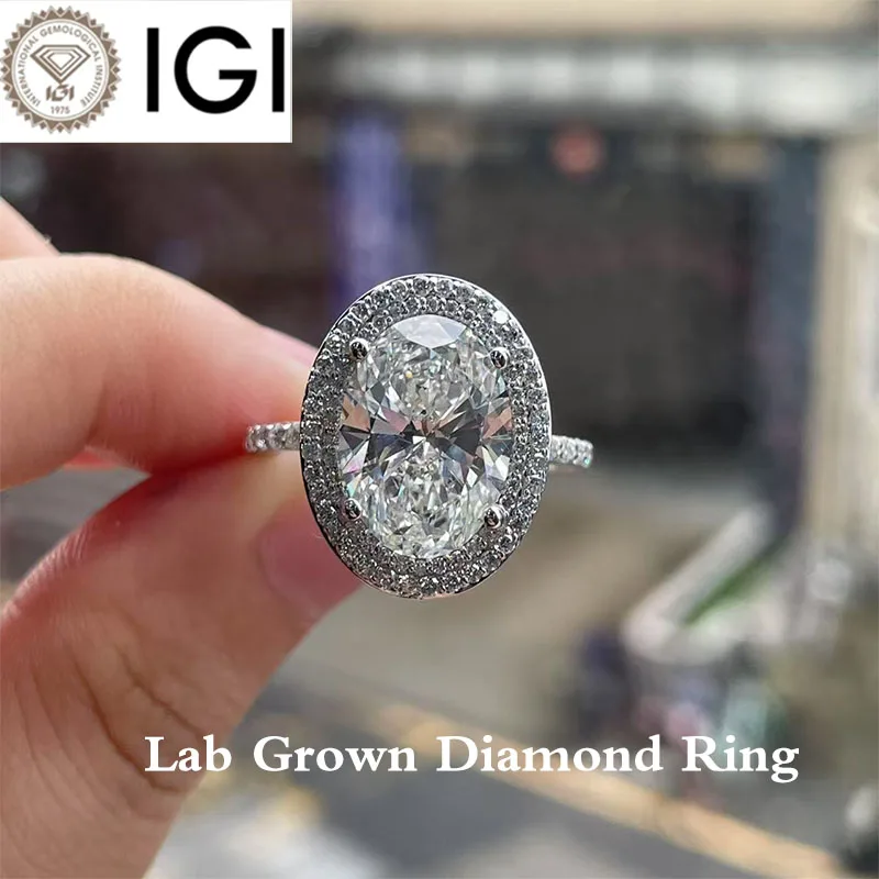 

5Ct Oval DEF/VS VVS Cut Luxurious Surrounding Inlay CVD HPHT Lab Grown Diamond Wedding Ring 14K Gold IGI Certified