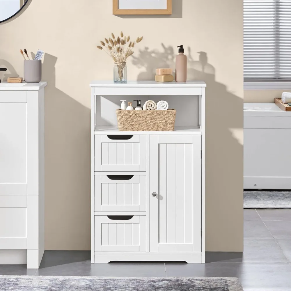 

Bathroom Floor Cabinet Wooden Storage Organizer with 1 Door and 3 Drawers, Free-Standing Cupboard, Customized