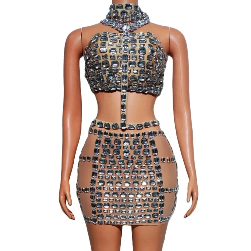 Nightclub Party Rhinestones Crop Top Mini Skirt Set Women Birthday Celebrate Evening Catwalk Club Outfit Performance Stage Wear