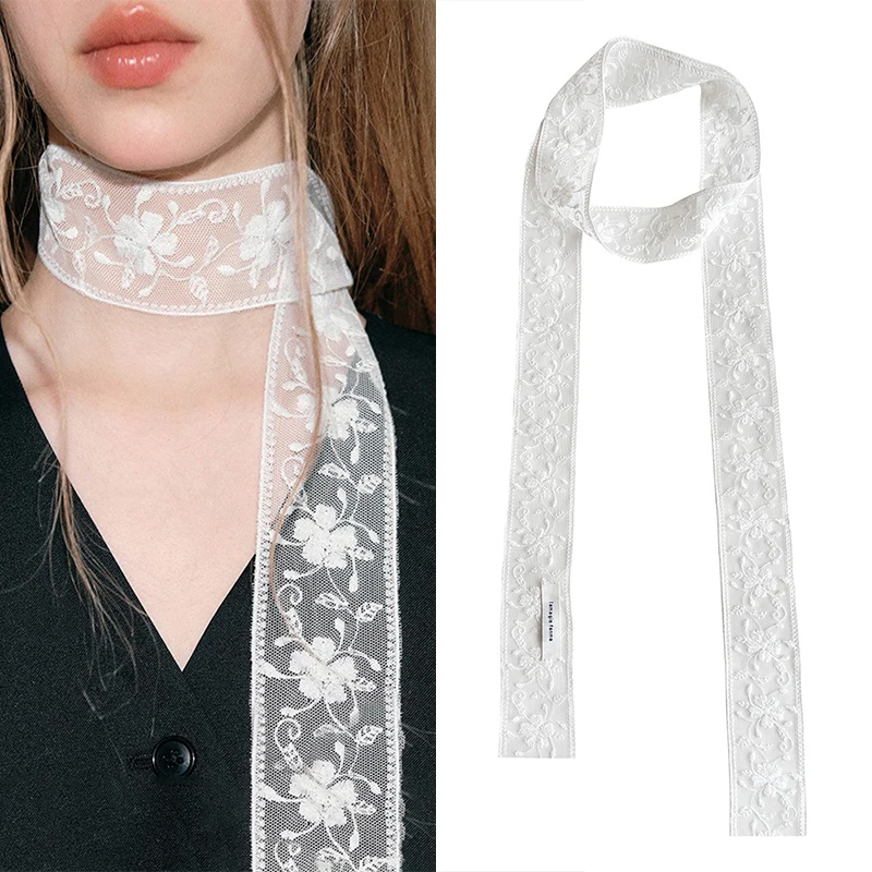 Korean Style Y2k Sweet Flower Lace Neck Strap Dressing Decoration Hair Band Neckerchief Transparent Long Ribbon Head Scarf