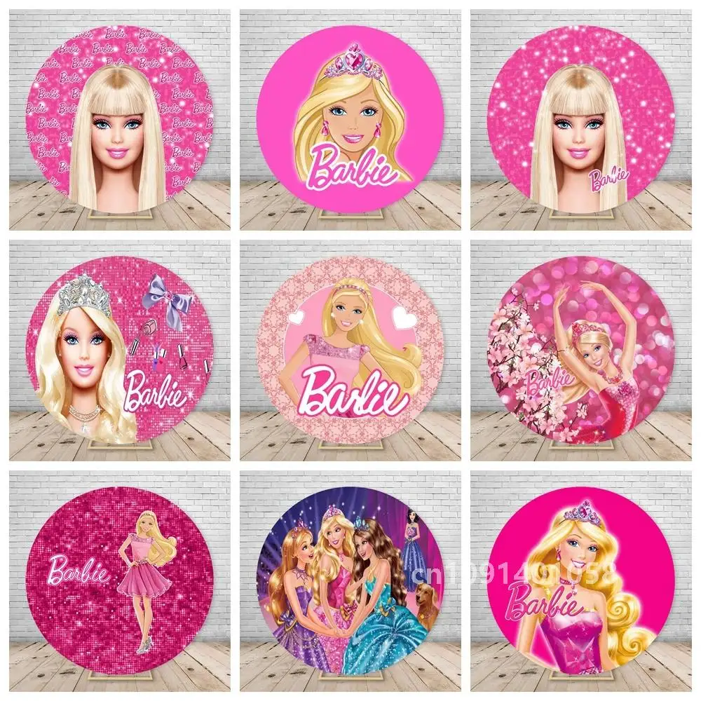 

Princess Barbie Elastic Circle Round Cover Background Baby Girl Birthday Party Decoration Photography Backdrop Photo Studio