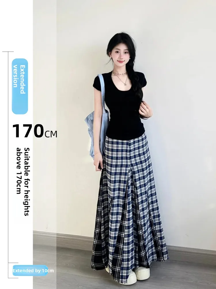 

Extended Plaid High Waist A-Line Skirt Women's Summer Heavy Cranip Drapey School Sle Midi Skirt Retro Asymmetrical