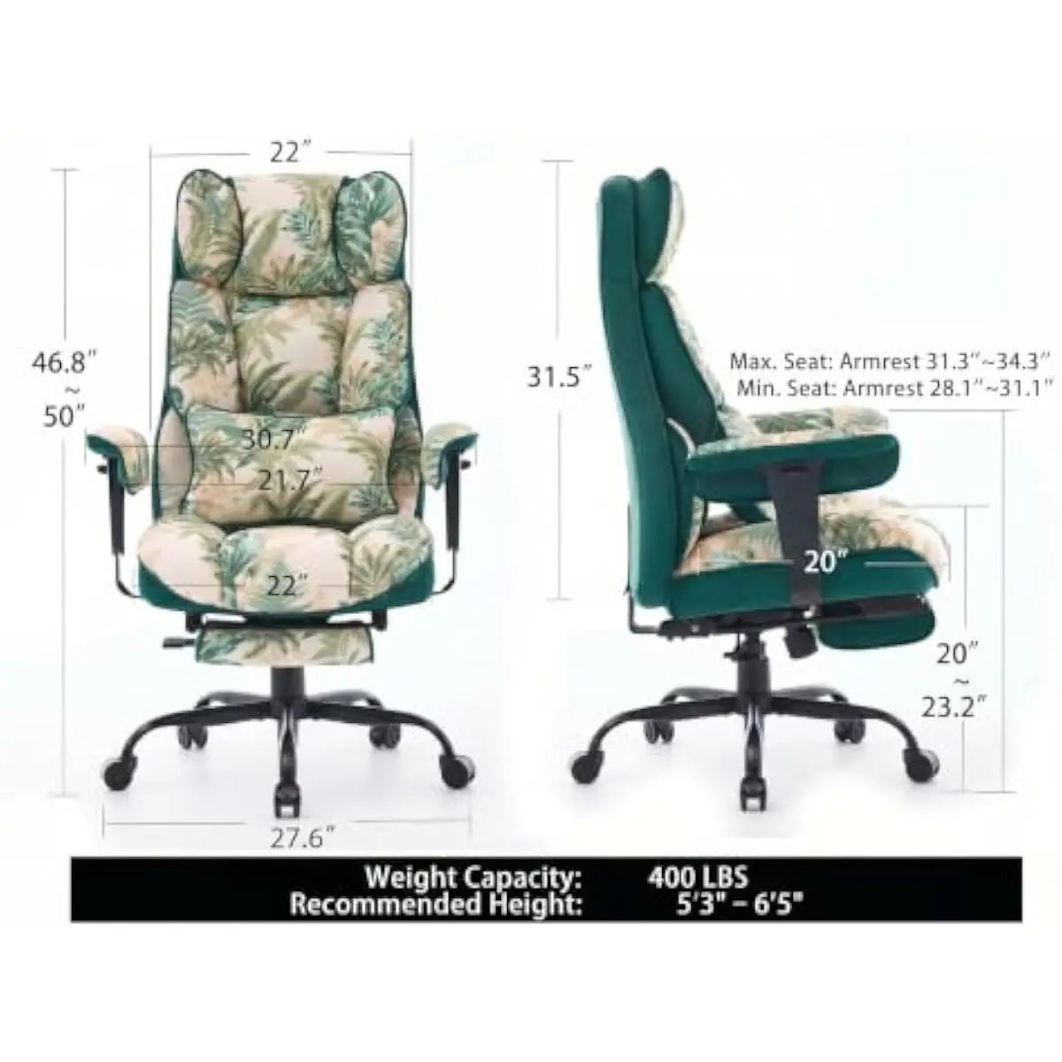 Big and Tall Ergonomic Desk Chair with 22 Inch Wide Seat, 31.5 Inch High Backrest, 6 Inch Thick Pocket Spring Cushion, 135 Degre