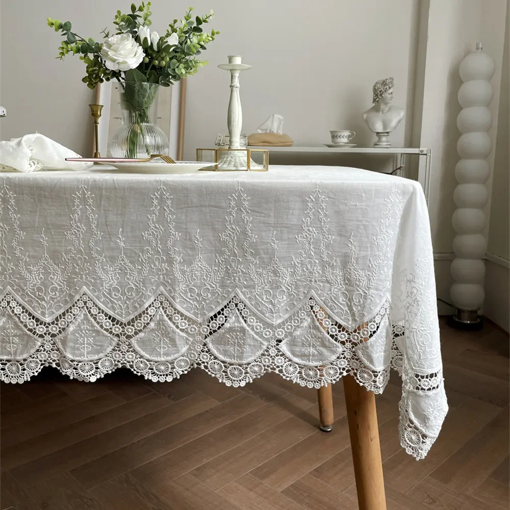 

French White Lace Flower Embroidery Cotton Tablecloth for Wedding Party Decoration Table Cloth Luxurious Table Cover