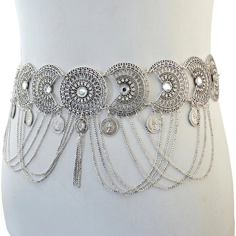 Sexy Hollow Out Waist Chains Crystal Indian Yoga Belly Belt Chains Gypsy Women Retro Tassel Coins Pendant Waist Belt