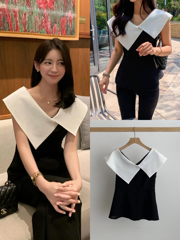 エレ・ヘップバーン スリムトップ ヴィンテージ 大きめ襟 スリムフィット ウエストシェイプ おしゃれな服