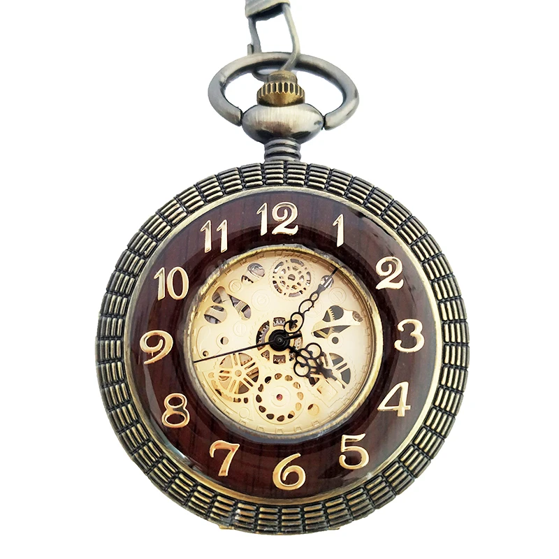 Vintage wooden ring gear carving hollow flip mechanical pocket watch bronze antique semi-automatic mechanical pocket watch