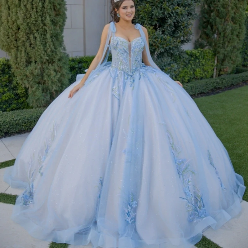 

Blue Shiny Quinceanera Dresses Ball Gown Off The Shoulder Applique Lace Beading Bow Tull Sweet 16 Dress Vestidos 15 De Anos