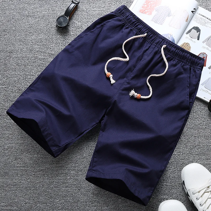 Pantalones Cortos de Algodón para Hombre, Pantalones Cortos de Playa Sólidos de Verano, Pantalones Cortos Casuales con Cintura Elástica, Bermudas con Cordón Ajustable, Pantalones Cortos Deportivos Negros y Blancos