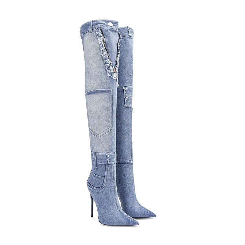 High Denim Heels Over The Knee Long Boots Women Pointed Toe V Zipper Blue Stiletto Heeled Jeans Boot with Pockets Rivets