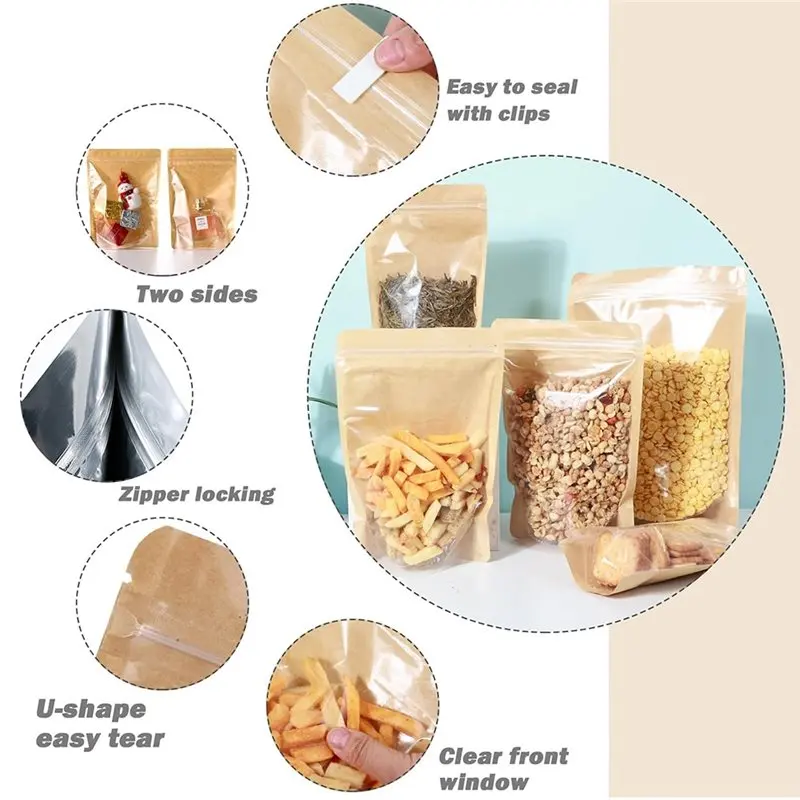 AT21-Stand Up Resealable Kraft Paper Bags 150 Pcs 3 Sizes With Clear Front Pockets For Pouch Food Storage