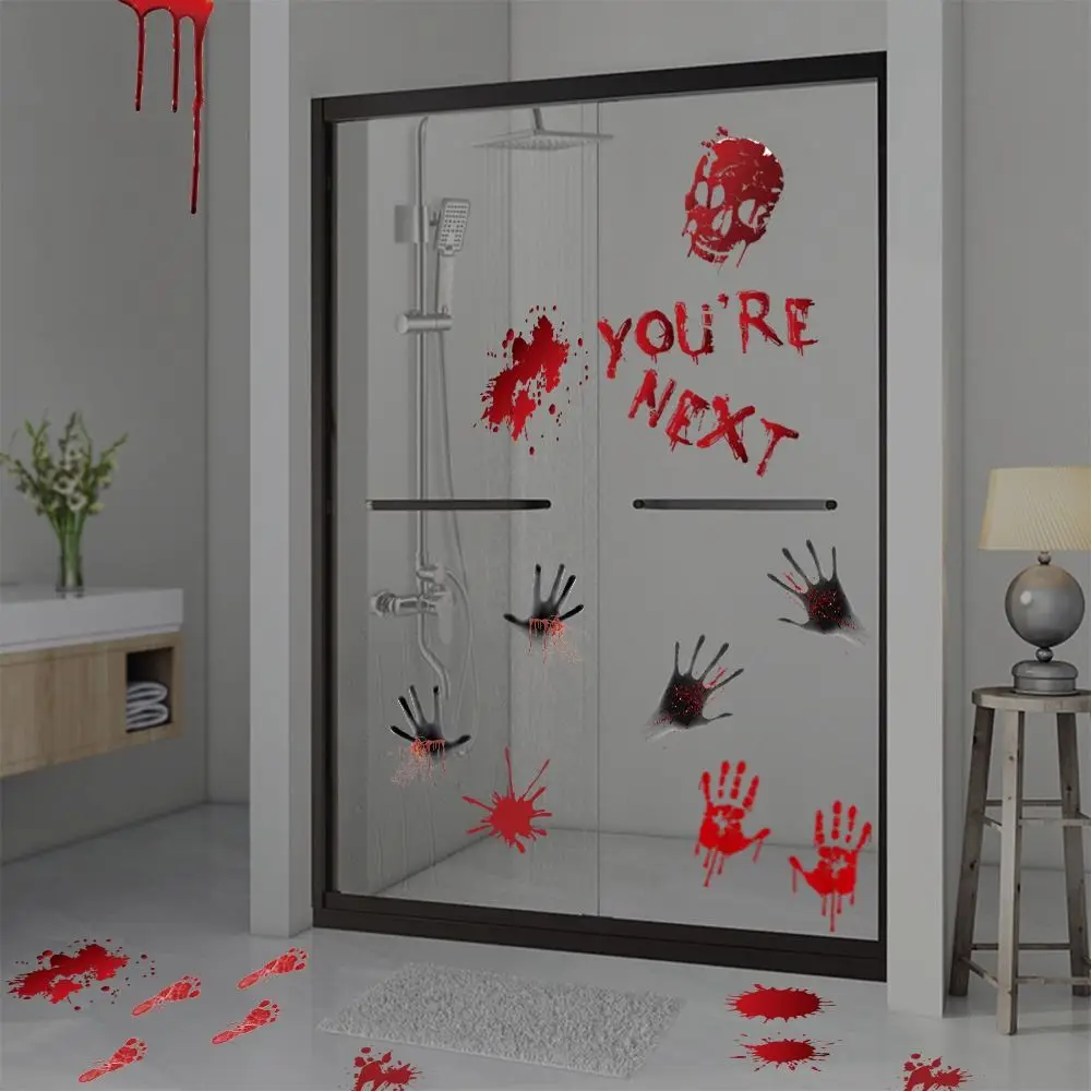 Bloody Handprint Footprint Halloween Decorative Stickers Skull Pattern Waterproof Static Cling Decal Multicolor Scene Ornament