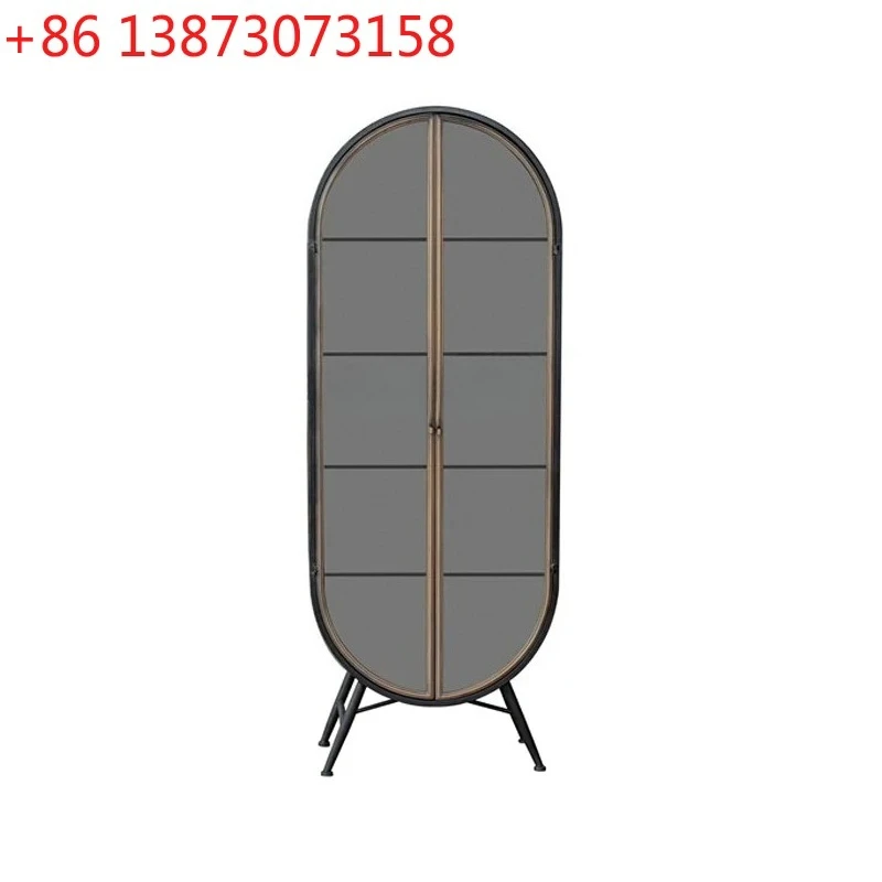retro arched industrial wind wrought iron double open glass black locker floor-to-ceiling living room wall storage wine cabinet