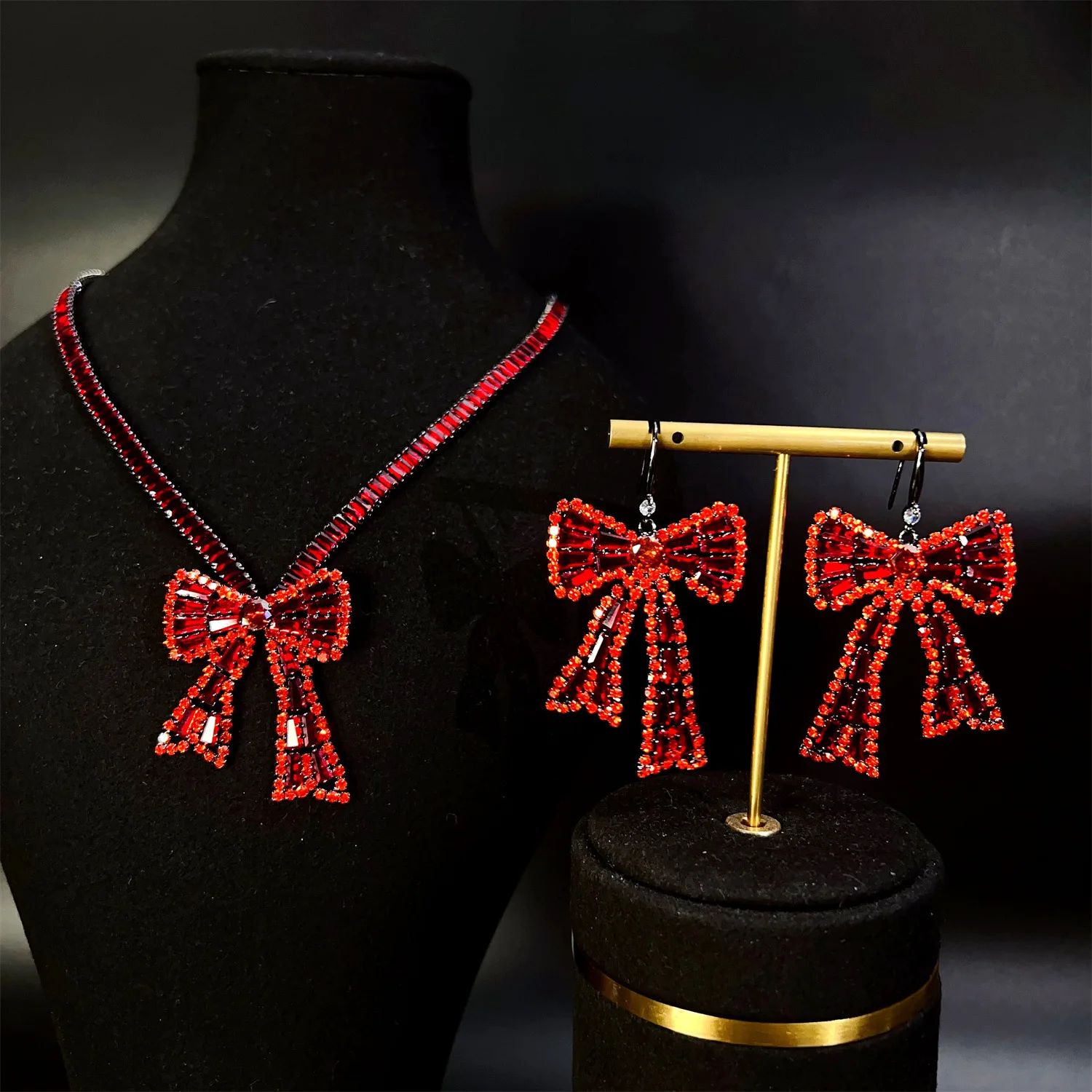 

Red Zircon Bowknot Jewelry Sets for Women Necklace and Earring Bridal Bijoux Femme