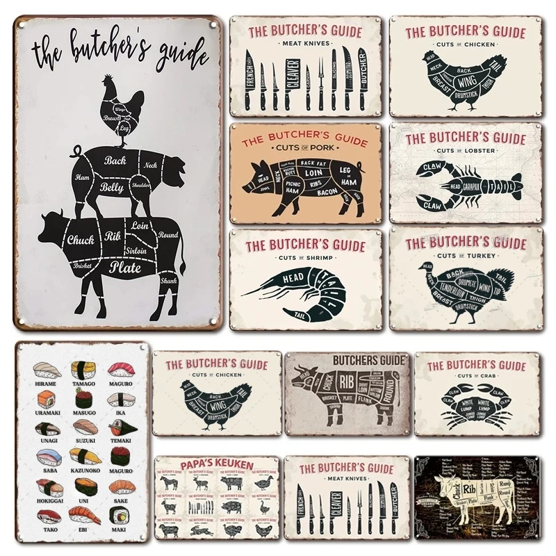 Antique The Butcher\'s Guide Metal Sign Vintage Kitchen Animal Market Decor Tin Sign Art Cut\'s Poster Metal Plate Wall Decoration