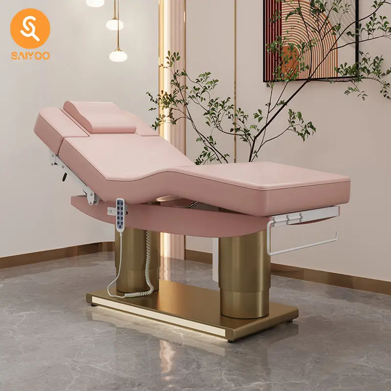 Luxury Pink Folding Electric Massage Facial Table With 4 Motors and Stainless Steel Frame