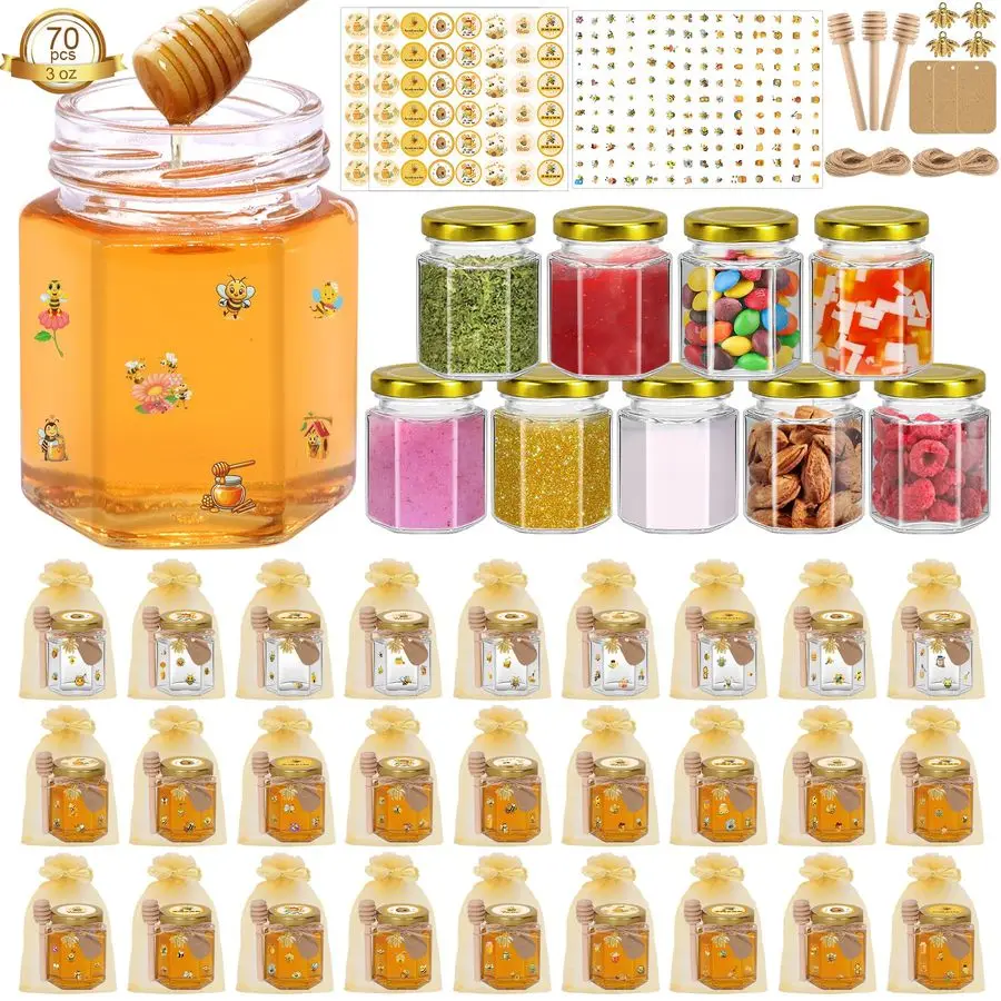 

Упаковка из 3 унций мини-шестигранных стеклянных банок для меда с ковшами, золотыми крышками, наклейками в виде пчел, подвесками в виде пчел, подарочными пакетами с джутом, пустым маленьким медом