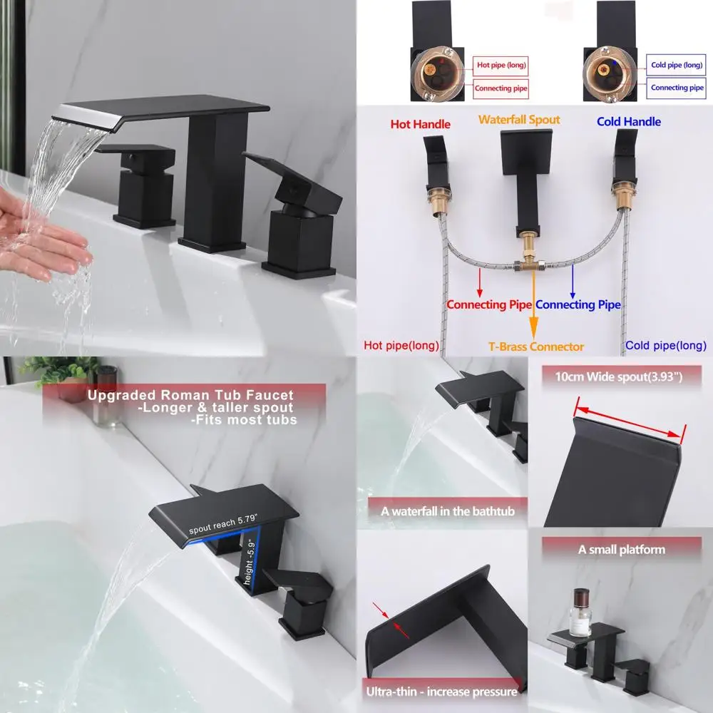 

Two-Handle Matte Black Waterfall Spout Bathtub Faucet with High Flow for 3 Hole Installation
