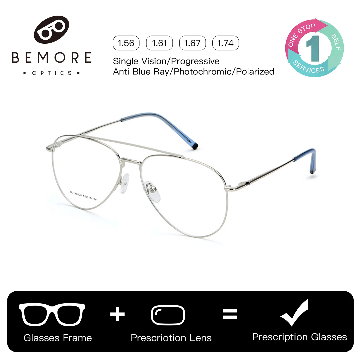 

BEMORE Pilot Alloy Prescription Glasses Photochromic Anti Blue Light Myopia Optical Lenses Men's Glasses for Sight