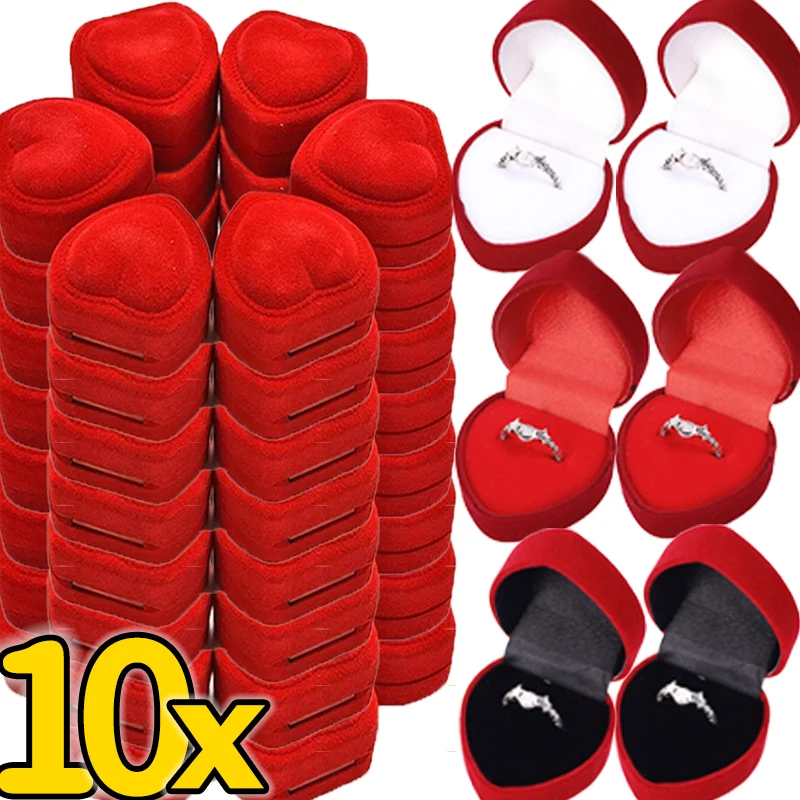 1/10Pcs Romantic Red Heart Shape Ring Box Flocking Wedding Earrings Display Holder Valentine Day Gift Romantic Jewelry Organizer