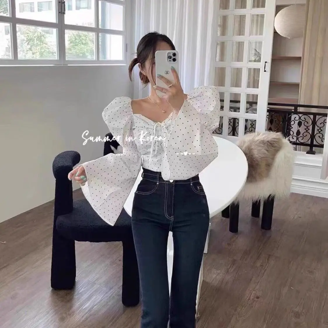 Spring/Summer Korean Style French Lace up Slim Stylish Shirts Women Tops Retro Flare Sleeve Polka Dot Blouses Women Clothing