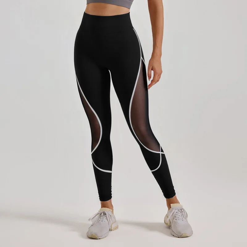 Women's Color Blocked Mesh Gym Yoga Hip Lifting Leggings High Waisted Sports Pants with Elastic Waistband Exercise Leggings